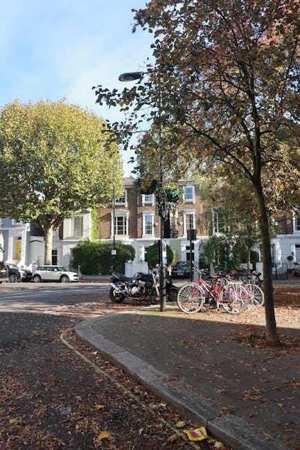 The image depicts a quiet residential street in Dartmouth Park, featuring a row of white and brick houses with front gardens. In the foreground, a small roundabout area is visible with a tall, leafy t
