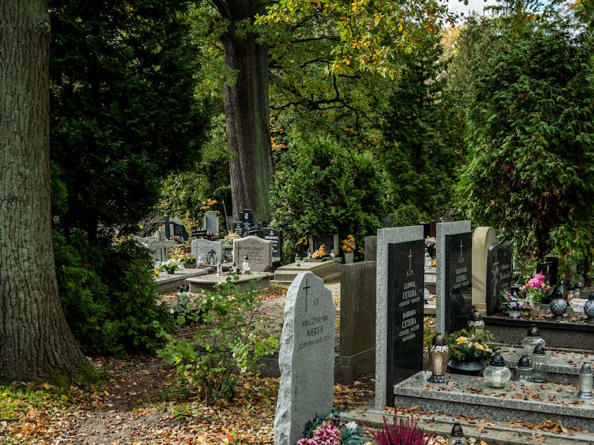 A peaceful cemetery scene with various gravestones and memorials, including polished black and grey stone plaques and a rounded white headstone, surrounded by lush greenery and tall trees. Floral trib