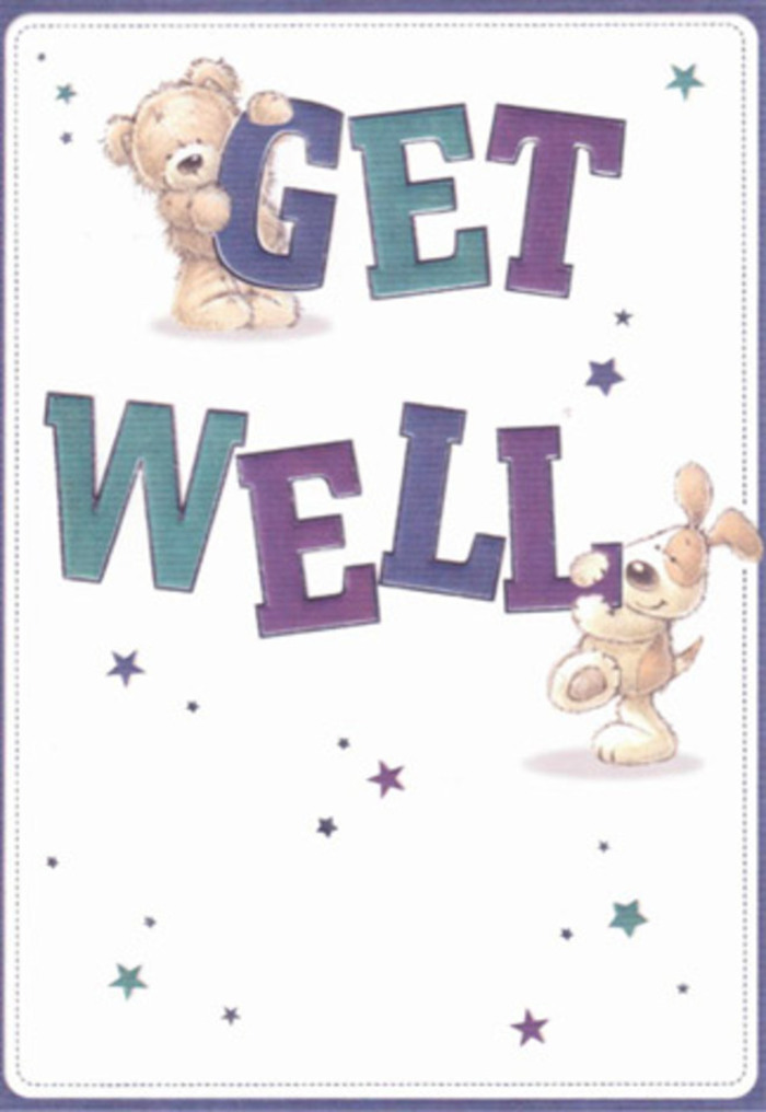 A vibrant expression of gentle support, this illustrated get well card features a cheerful bear and an affectionate puppy, their friendly forms echoing the joyful atmosphere of Dartmouth Park's family gatherings. Soft stars skate around them in shades of lavender and electric blue, their movement suggesting the scattering of good wishes throughout the card. The 'Get Well' message stands out in bold, lively purples and aquamarines, grounding the illustration in cheerful confidence much like the floral displays seen on York Rise in spring. There is an almost tangible softness to the animal friends-the brushed fur, floppy ears, and warm eyes-creating a sense of touch almost akin to hugging a plush toy. Imagine pairing this heartfelt card with a bouquet delivered to a sunny flat overlooking the park; the combination radiates positivity and comfort, perfect for anyone in need of an emotional boost. The overall scene is light and breezy, the type of design that lifts spirits in true Dartmouth Park fashion.
